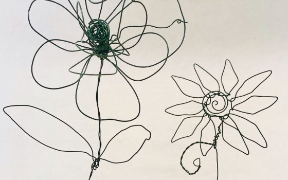 2 flower outlines created with metal wire