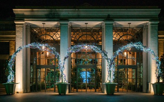 Arches of Christmas lights adorn the Conservatory entrance.