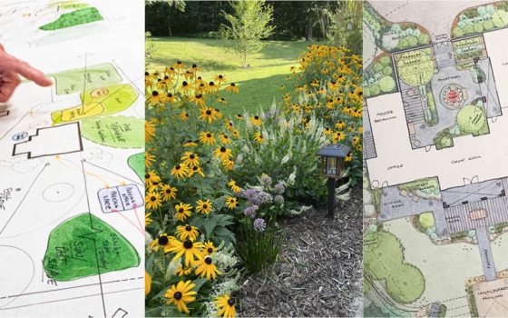Three images collaged together, featuring landscape design plans and gardens.
