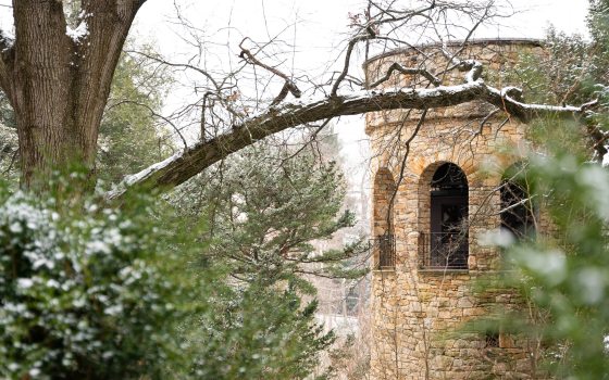 Closeup of stone bell tower amid snow-covered branches and evergreens.