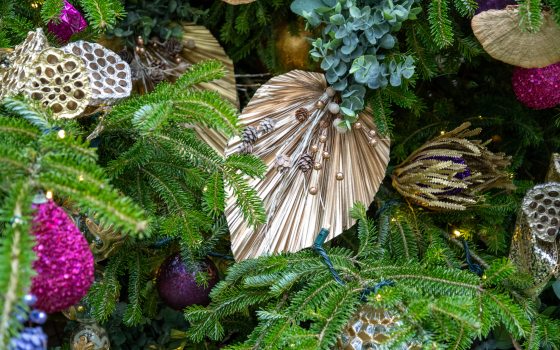A close-up of a richly decorated Christmas tree showing a variety of ornaments, including large, pleated, metallic gold fan-shaped decorations, natural elements like pine sprigs and small pinecones, and bright, glittery ornaments in shades of magenta, purple, and gold.