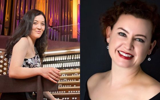 Two images side by side of a person sitting at an organ, smiling at the camera.