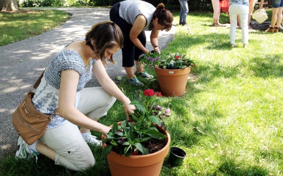 Two woman plant flowers in terra cotta containers.