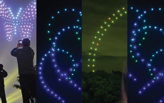 Montage of four vertical panels displaying light patterns in the night sky, drawn by drones.