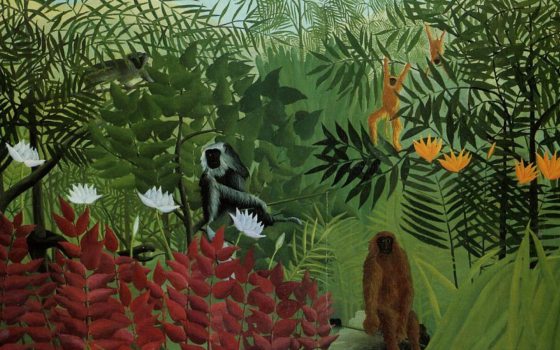 A painting by Henri Rousseau with monkeys in a jungle setting.