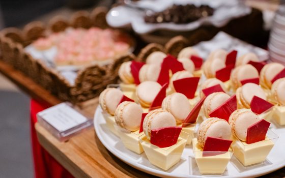 Closeup of dessert serving plate filled with festive holiday bites. 