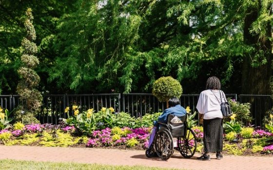 Two people, one standing, and one in a wheelchair, admiring colorful garden beds. 