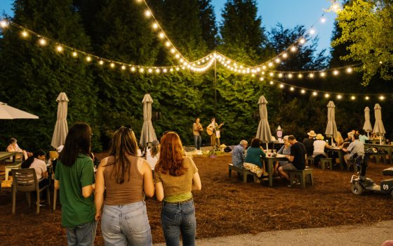Guests stand or sit at outdoor tables, with strings of party lights leading to a small stage hosting live performers in the background.