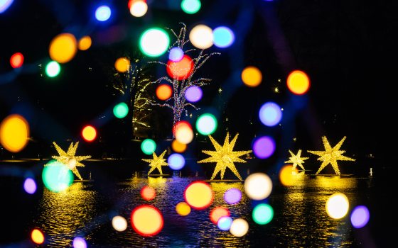 abstract view of points of light from multi-colored Christmas lights layered over a view of a body of water with large illuminated stars floating
