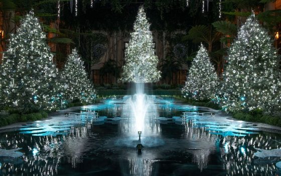 a pool of water with a fountain in the middle and icicles along the sides with large Christmas trees surrounding the water 