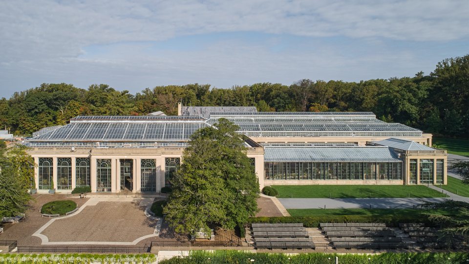 Aerial view of Longwood Gardens conservatory buildings and formal gardens
