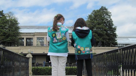 two girl scouts look with their back towards us