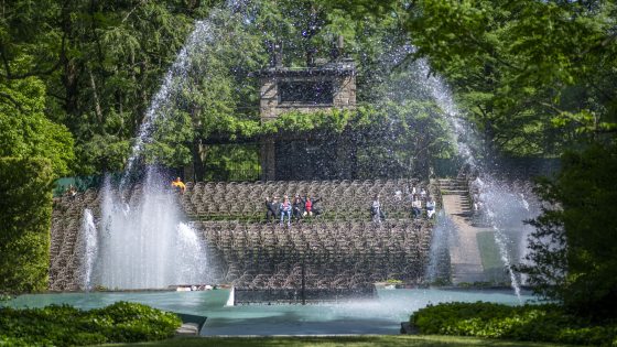 View through fountains arching over a stage to a few guests seated in rows of chairs beyond, surrounded by the green foliage of trees and hedges.