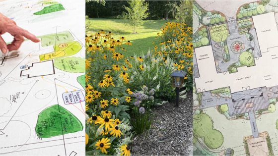 Three images collaged together, featuring landscape design plans and gardens.