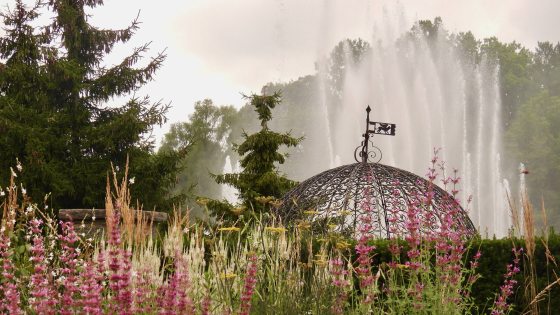 Grasses and pink flowers line the foreground against a background of fountain spray, viewed through the metalwork roof of a cupola.