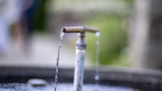 A t-shaped water fountain, with water coming our of both ends of the "t" into a pot. 
