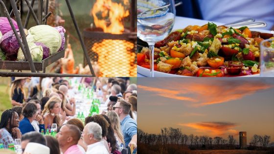 Collage of images: green and red cabbages in a metal cart by an outdoor fire; dinner plate with colorful cooked vegetables; a stone tower amid a line of trees overlooking an open field at sunset; and guests seated at a long outdoor dining table.