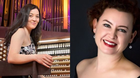 Two images side by side of a person sitting at an organ, smiling at the camera.