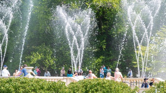 Guests stand against a stone rail amid the spray from jets of fountains in tulip formation, against a backdrop of bright green foliage.