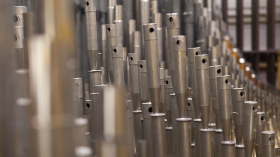 Closeup of array of organ pipes.