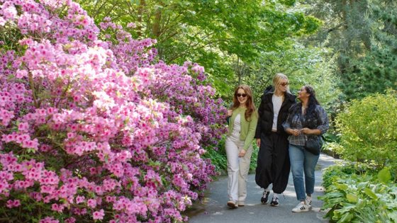 Three friends, smiling and laughing, on a paved path in a garden setting. 