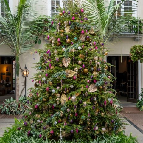 Frazer Fir Christmas tree adorned with handmade botanical ornaments.