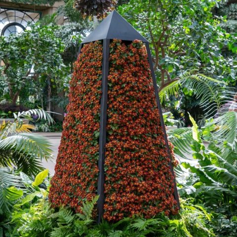A towering, precise, four-sided geometric pillar-like column that tapers slightly toward the top with over a thousand cascade-style mum blooms in a shade of deep goldish-orange. 