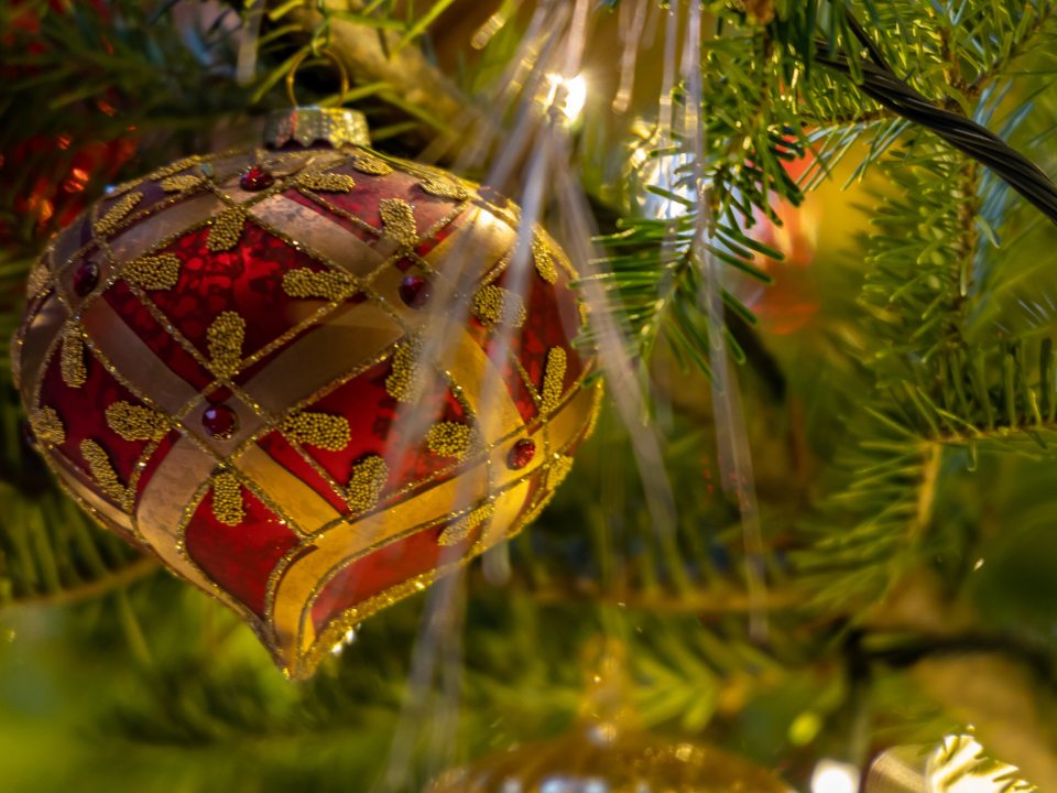 a red and gold ornament hanging on a christmas tree