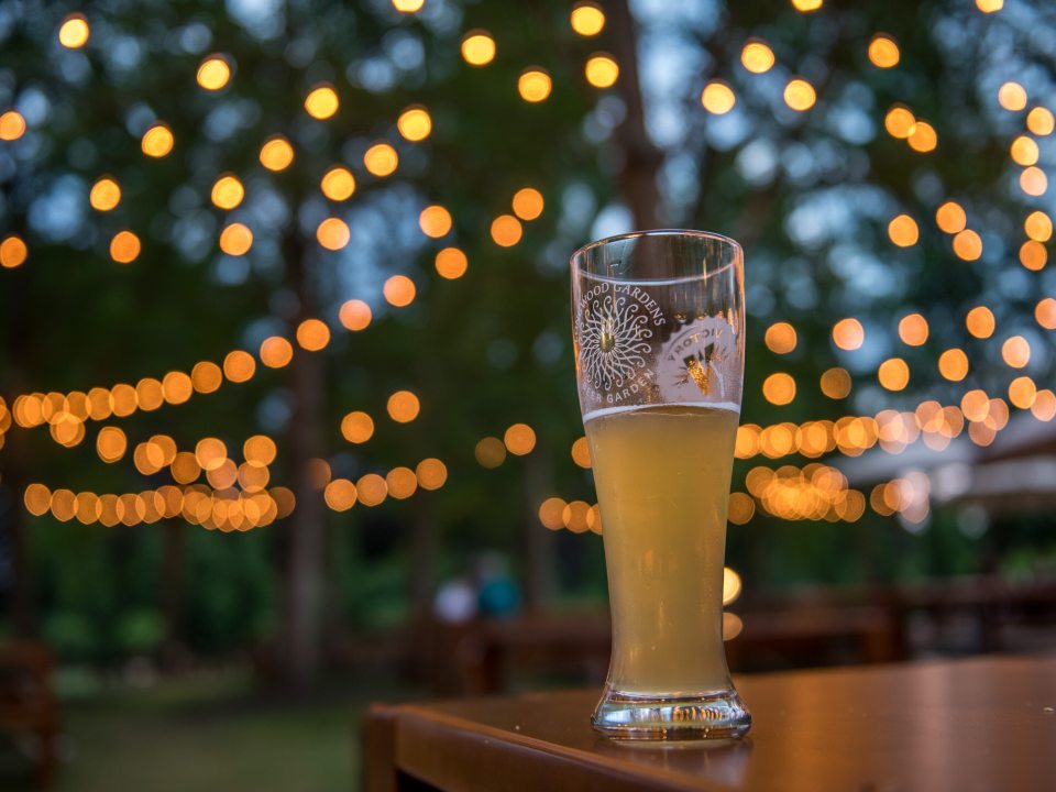A glass of beer on a picnic table in an outdoor beer garden.
