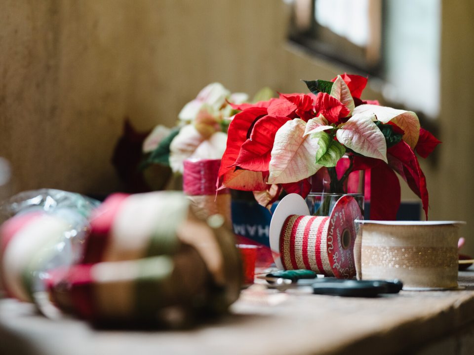 A table with a multi-colored poinsettia and craft supplies on top.