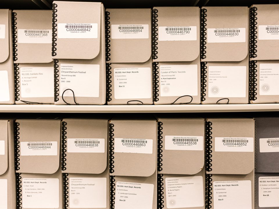 Tan numbered archive boxes aligned on a shelf.