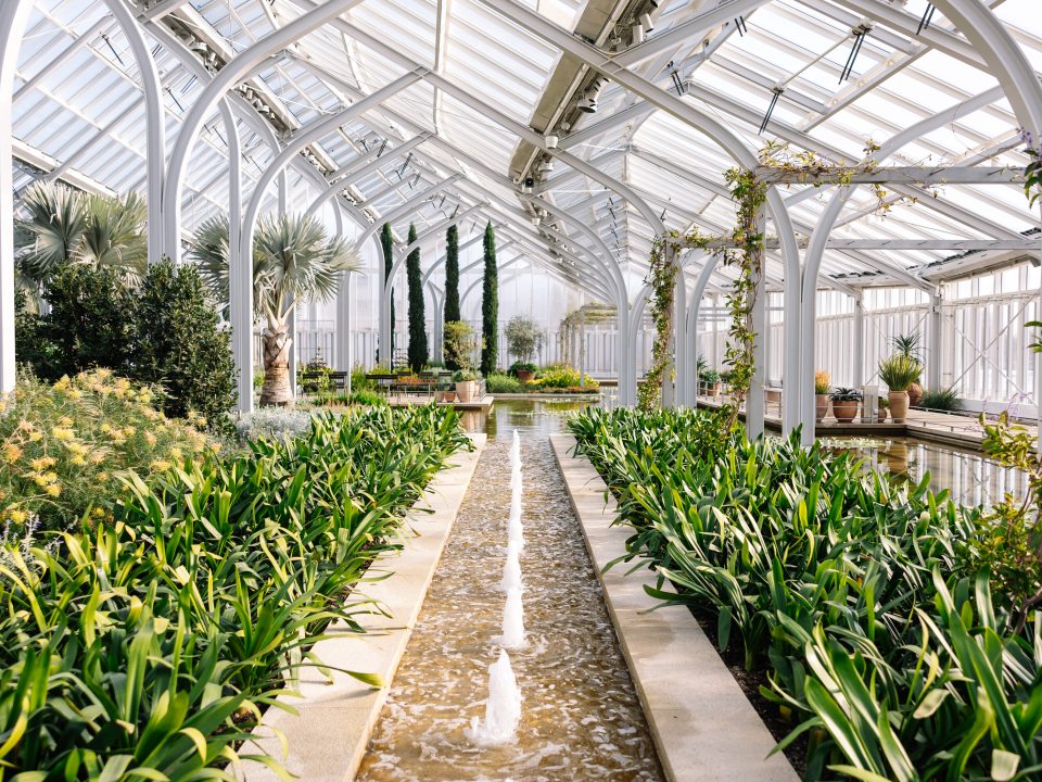 The indoor of a conservatory with a fontain running through the center and plants in beds on either side.