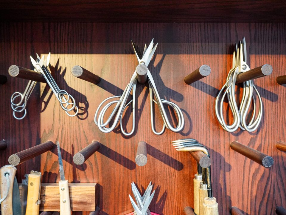 A portion of a dark wall, with pegs, holding plant pruning tools. 