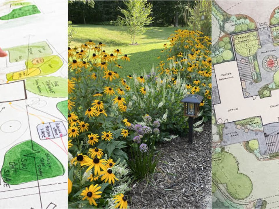 Three images collaged together, featuring landscape design plans and gardens.