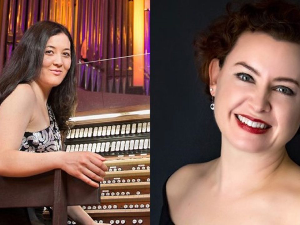 Two images side by side of a person sitting at an organ, smiling at the camera.