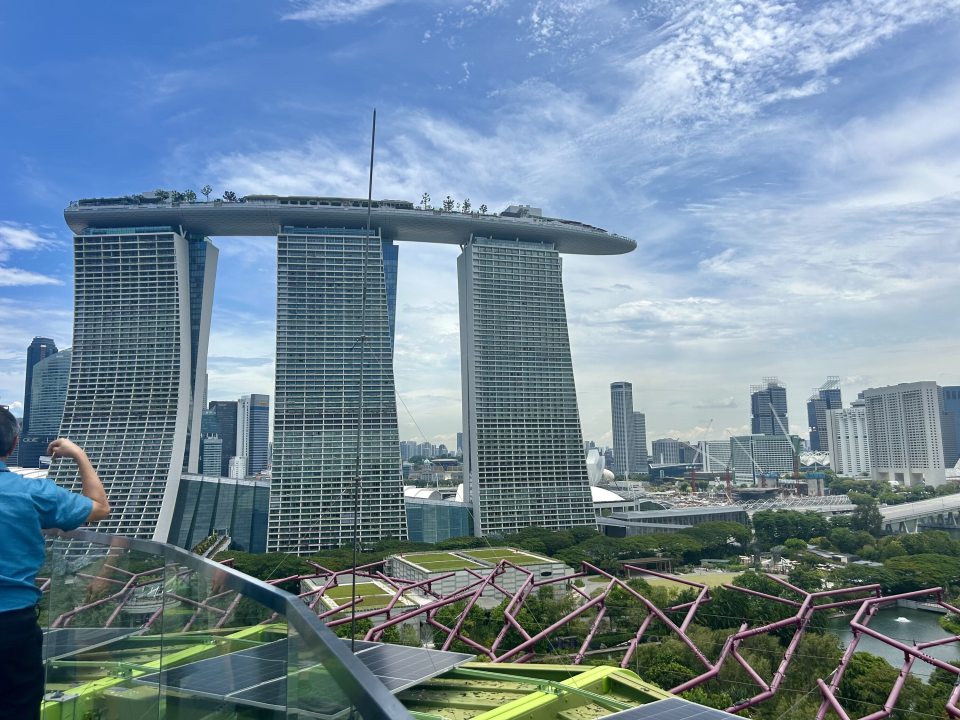 A wide view taken from the top of the Supertree Grove in Singapore, looking out toward the iconic Marina Bay Sands hotel. The three skyscrapers with their connecting surfboard-shaped rooftop garden dominate the skyline, set against a bright, hazy blue sky with light clouds. In the foreground, the purple structural ribs of a Supertree and solar panels are visible.