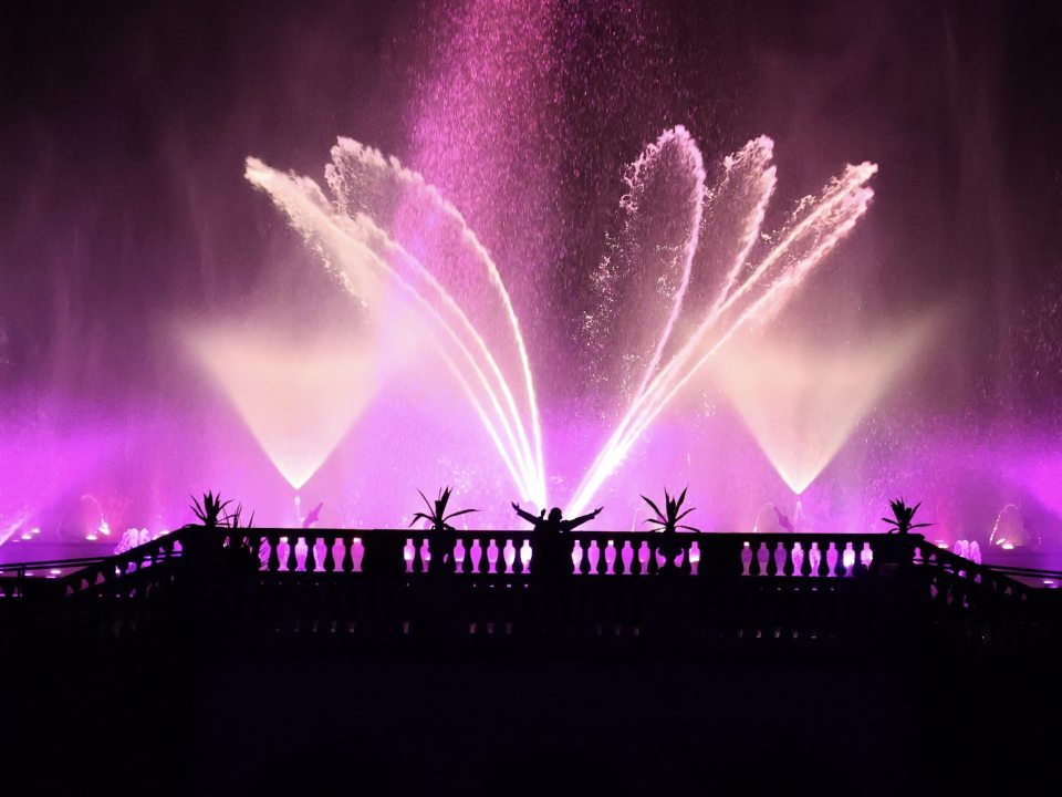 Silhouette of a person standing with arms raised on a balcony, watching a grand, fan-shaped nighttime fountain display illuminated in a deep magenta hue.