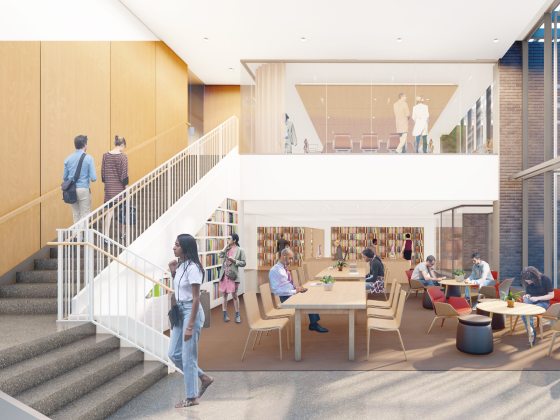 Artist's rendering of people in meeting area overlooked by open stairway and 2-story glass windows
