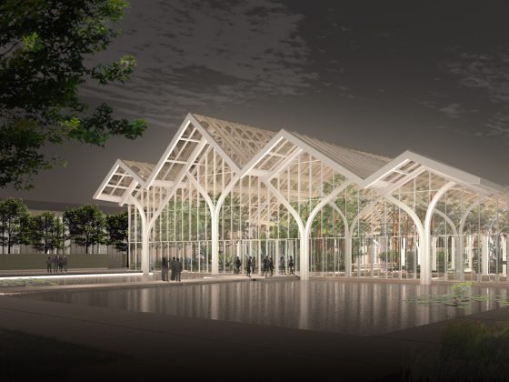Artistic rendering of large glass house with arched entrance and roof with four peaks.