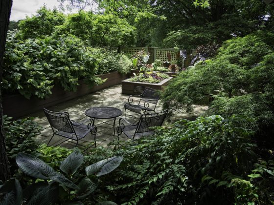urban garden with two black metal chairs and table
