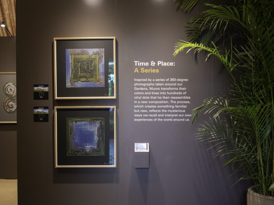 an exhibition panel with the headline "Time & Place: A Series" holds 2 large frames, each with a square of colored dots; and 2 smaller frames, each containing a landscape image, date, and map
