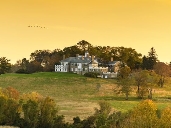 a mansion sitting at the crest of a hill, surrounded by trees and fields against a golden sky