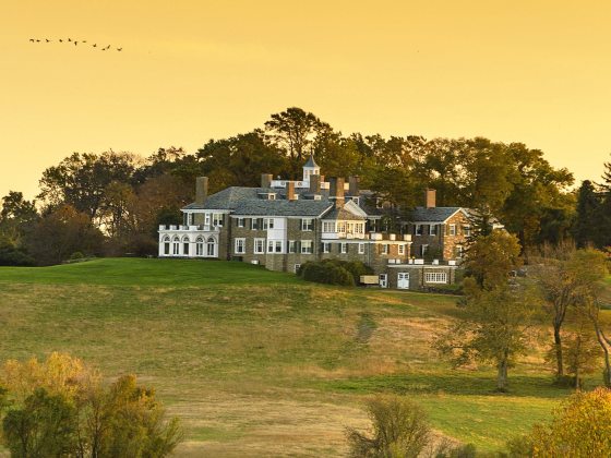 a mansion sitting at the crest of a hill, surrounded by trees and fields against a golden sky
