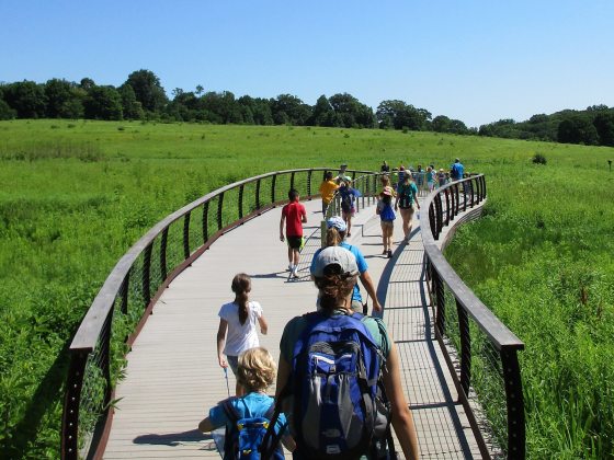 Adults and children walk away from the camera along a curved bridge through a meadow, toward the treeline in the distance.
