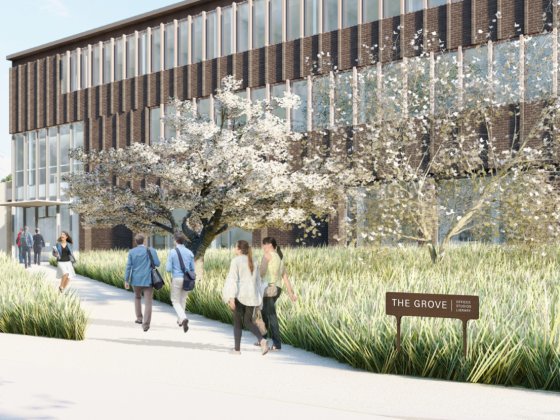Illustration of future Admin building: diagonal view of three-story glass and brown brick building, fronted by people walking along a pavement bordered by tall decorative grass and flowering trees, and a brown sign in the right bottom corner that reads "The Grove: Offices, Studios, Library."