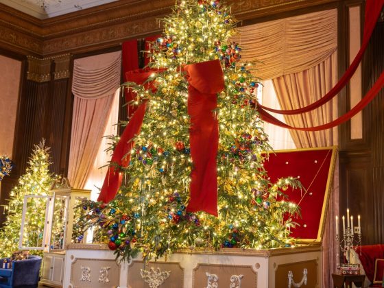 Jewel-toned ornaments shimmer on a heavily decorated 18-foot Fraser fir  that rises from a giant gold and white jewelry box and draped in a sweeping six-foot wide red bow that connects to free standing columns and wraps around the room. 