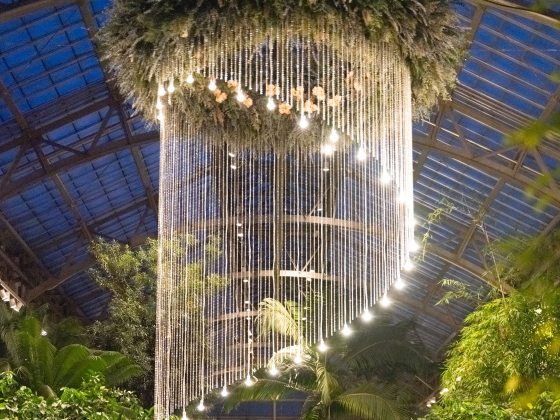A glowing spiral chandelier hangs from a floral wreath in a glasshouse. 