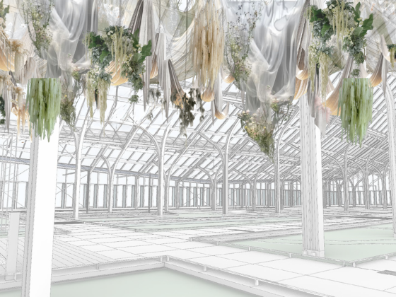 Sketch of indoor conservatory arches, with superimposed image of draped white cloth, and suspended green foliage and white flowers.