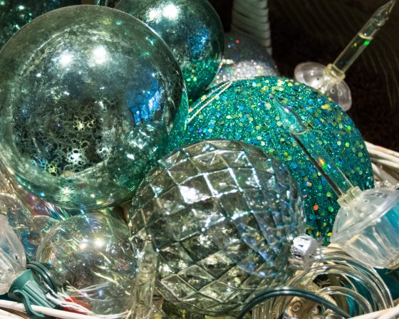 blue and white ornaments in a basket  