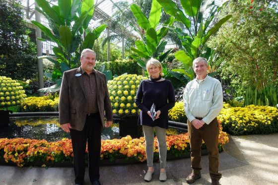 Martha Stewart with James Sutton, Senior Horticultural Display Designer, and James Harbage, PhD, Director, Floriculture and Conservatories
